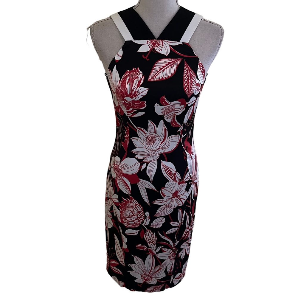 Cue Black/Red Stretch Satin Floral Sleeveless Cocktail Dress 6(Australia 8)